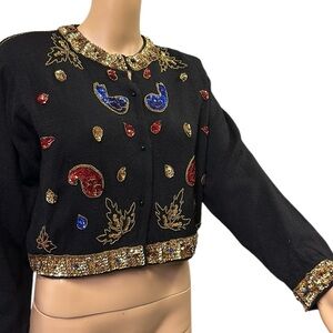 Lambs Wool Angora Black Colorful Cardigan Bead Sequin Embellished Sweater M
